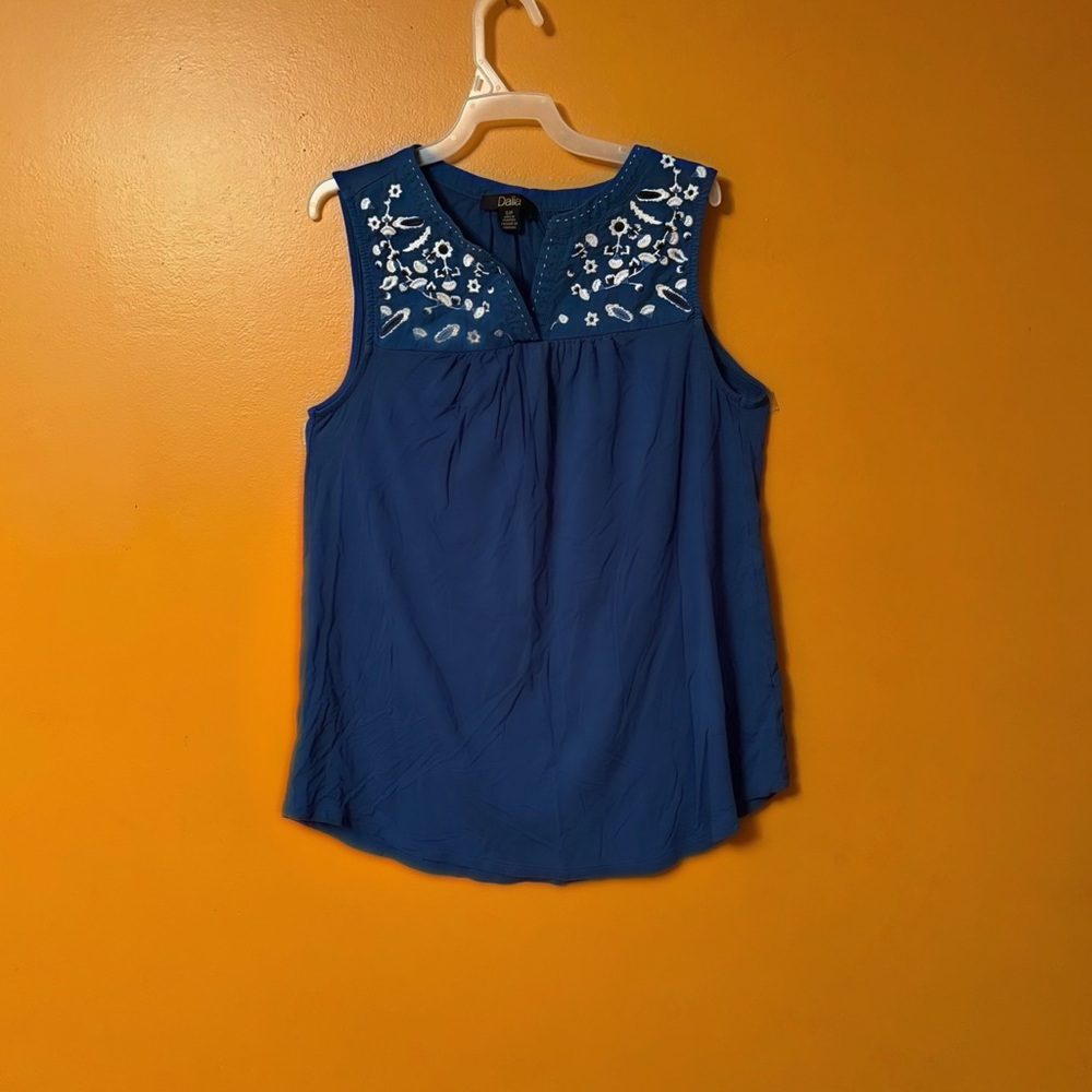 ‘Dalia’ Women’s Blue Sleeveless Top with Embroidered Detail NWOT